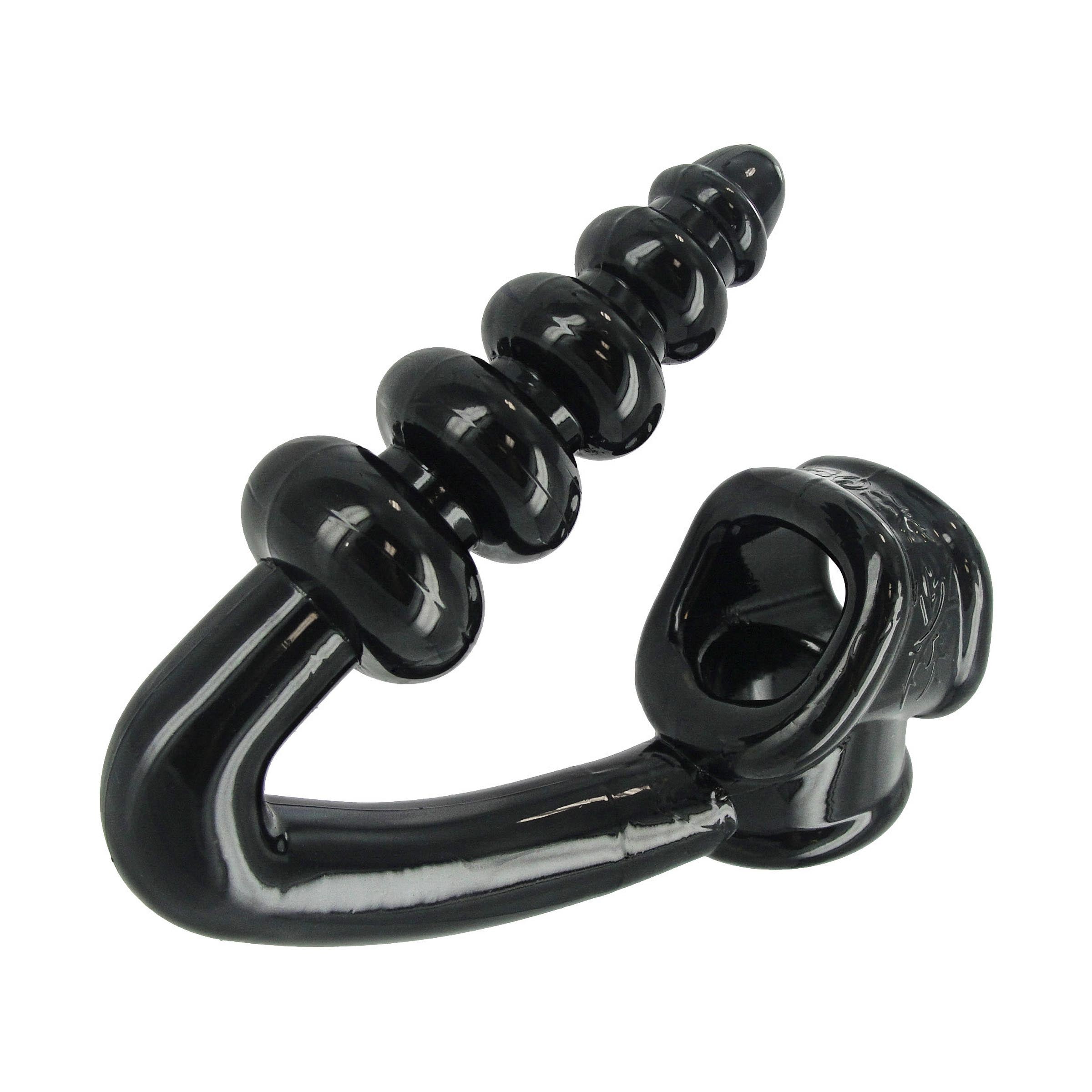 The Tower Erection Enhancer featuring a graduated anal tower and snug cock and ball harness in sleek black TPR material.