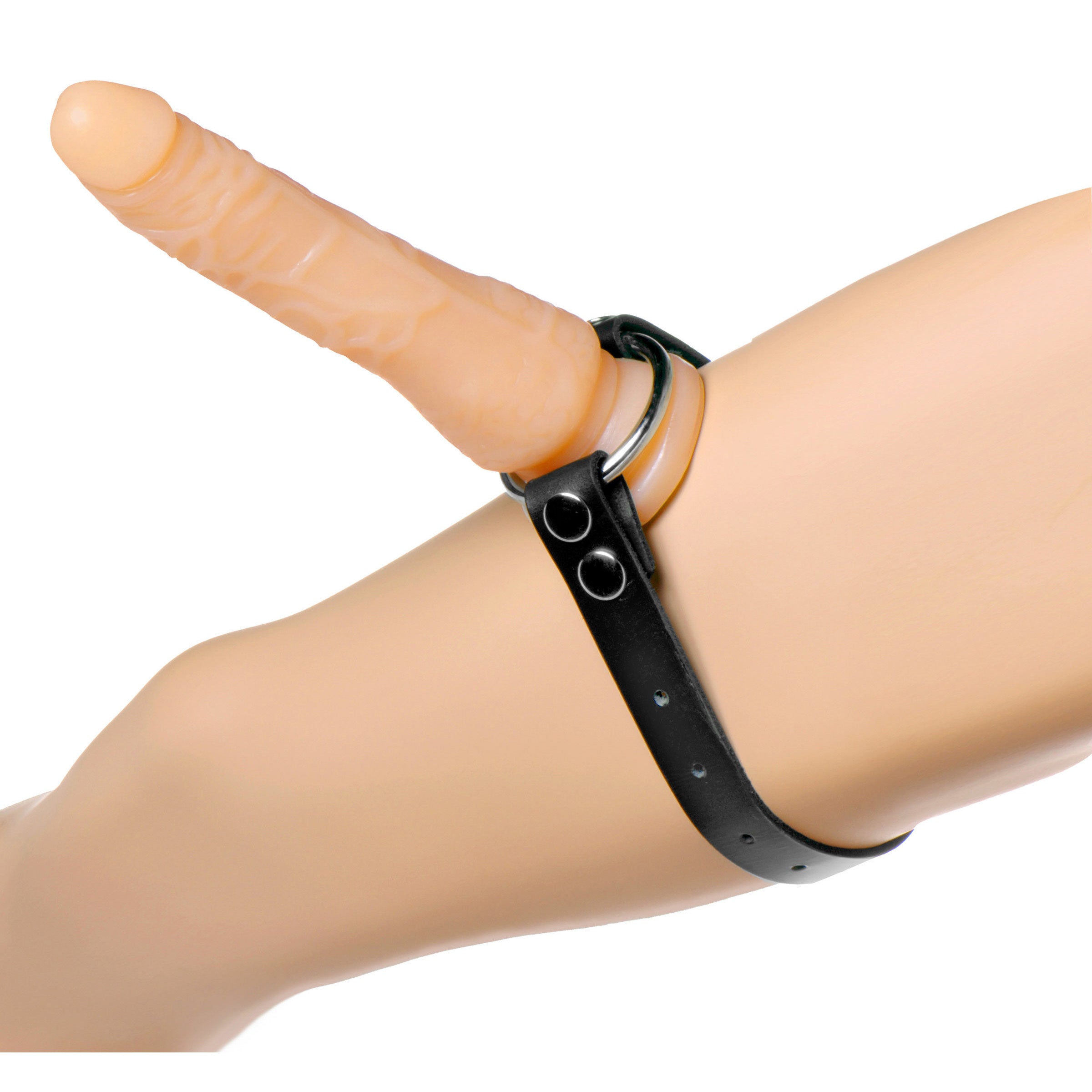 Thigh or Boot Leather Strap On Dildo Harness featuring a sturdy steel O-ring and adjustable leather strap.