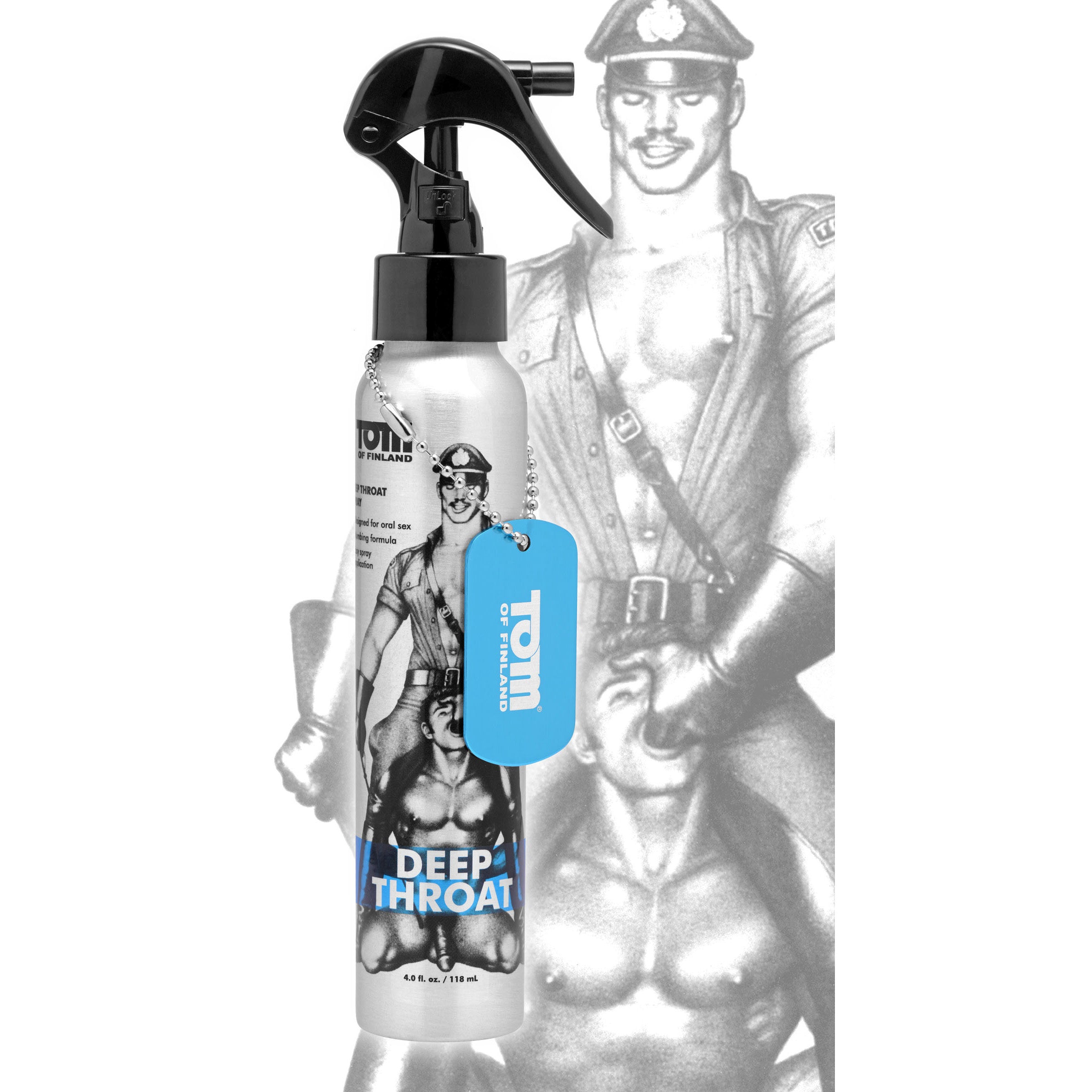 Tom of Finland Deep Throat Spray 4 oz bottle with mint flavor, designed for enhancing oral sex pleasure.