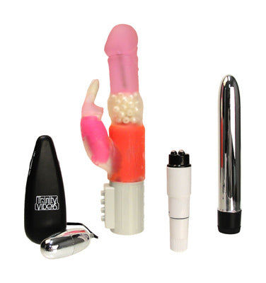 Trinity Vibe Variety Kit featuring four popular vibrating toys including a silver bullet vibe, deluxe rabbit vibrator, rocket vibe, and slim vibe.