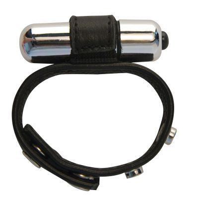 Vibrating Leather Cockring with adjustable snaps and vibrating bullet for enhanced pleasure.