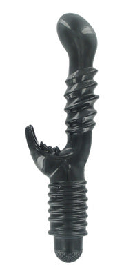 Wicked Pleasures Dual Stimulator in black, featuring a textured shaft and clitoral stimulator with tickling fingers.