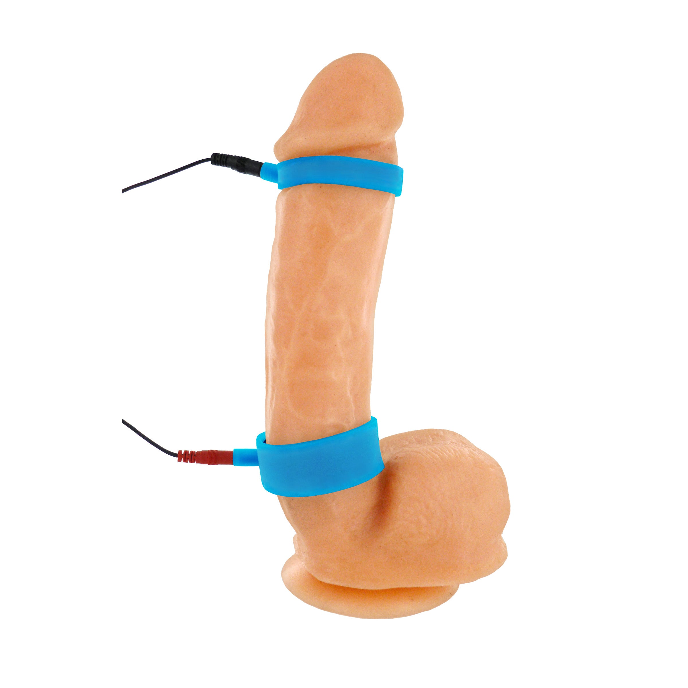 Zeus Uni-Polar Electrosex Cock Rings in blue silicone, showcasing two sizes for enhanced pleasure.