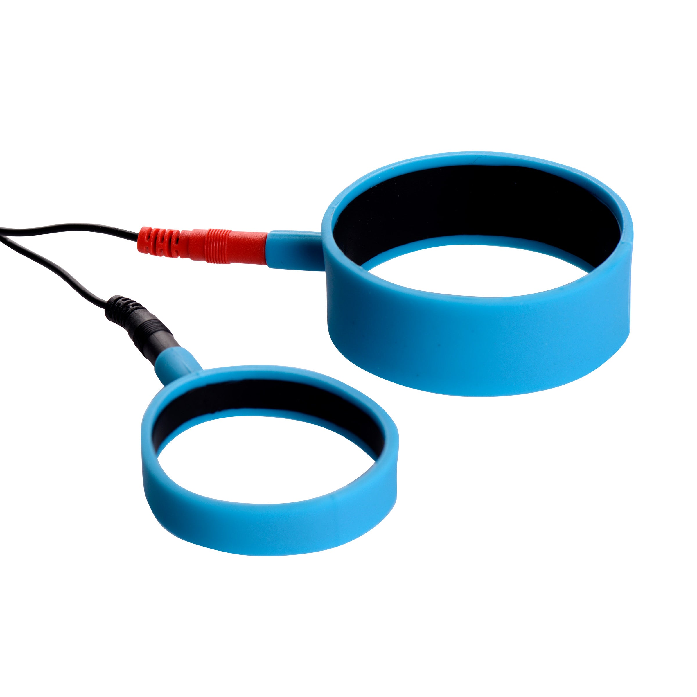 Zeus Uni-Polar Electrosex Cock Rings in blue silicone, showcasing two sizes for enhanced pleasure.