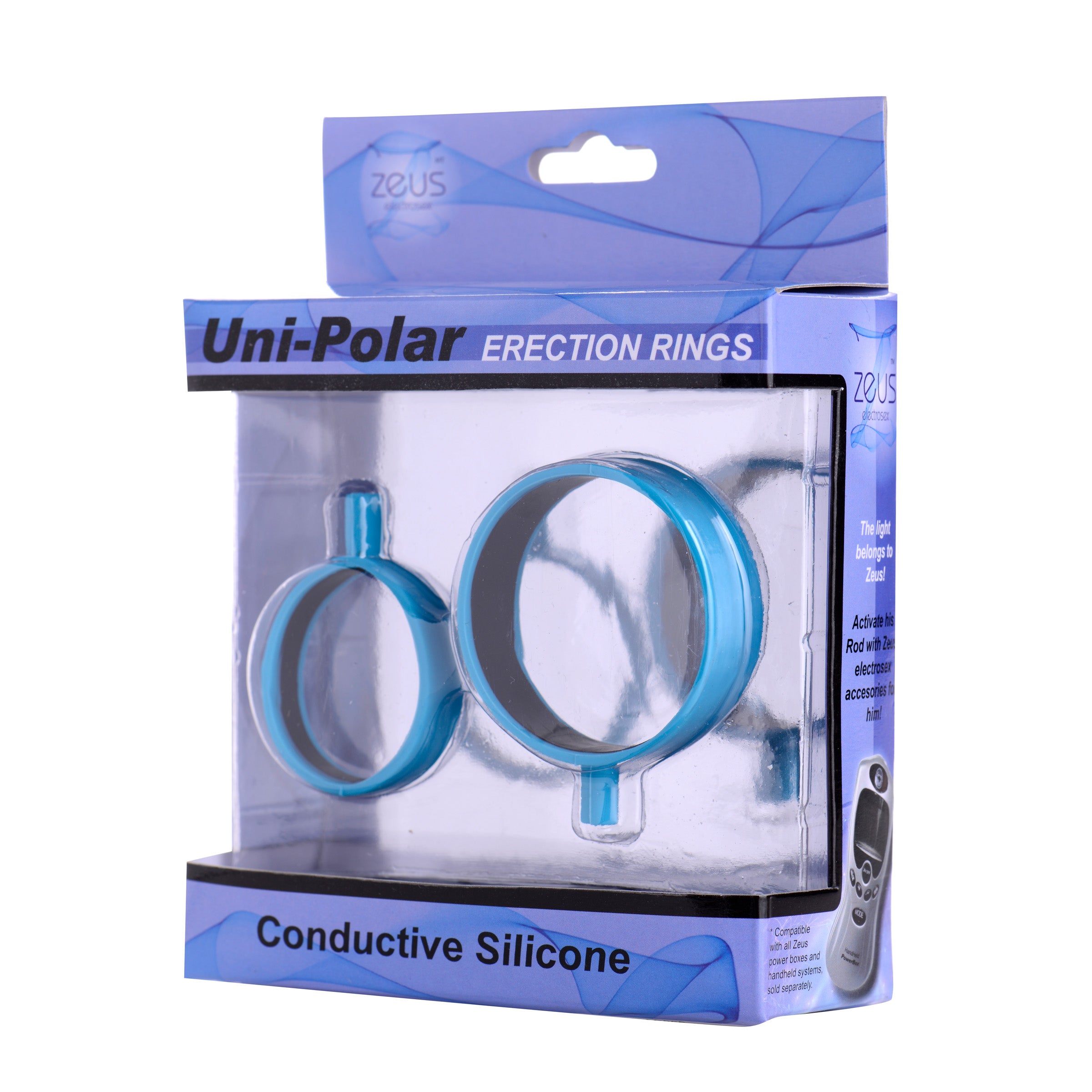 Zeus Uni-Polar Electrosex Cock Rings in blue silicone, showcasing two sizes for enhanced pleasure.