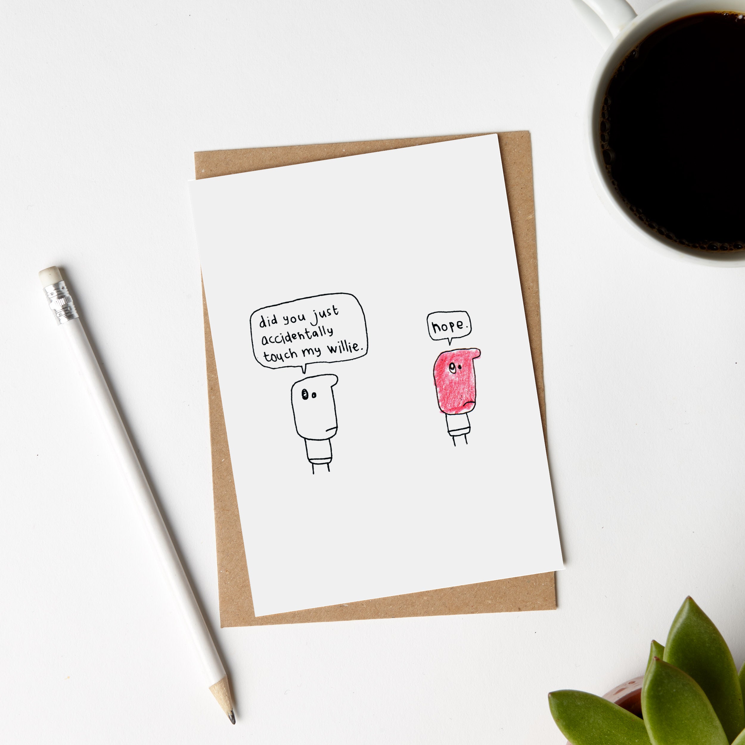 Accidentally Touch My Willie Card featuring a humorous design, made from 100% recycled materials, with a blank interior for personal messages.