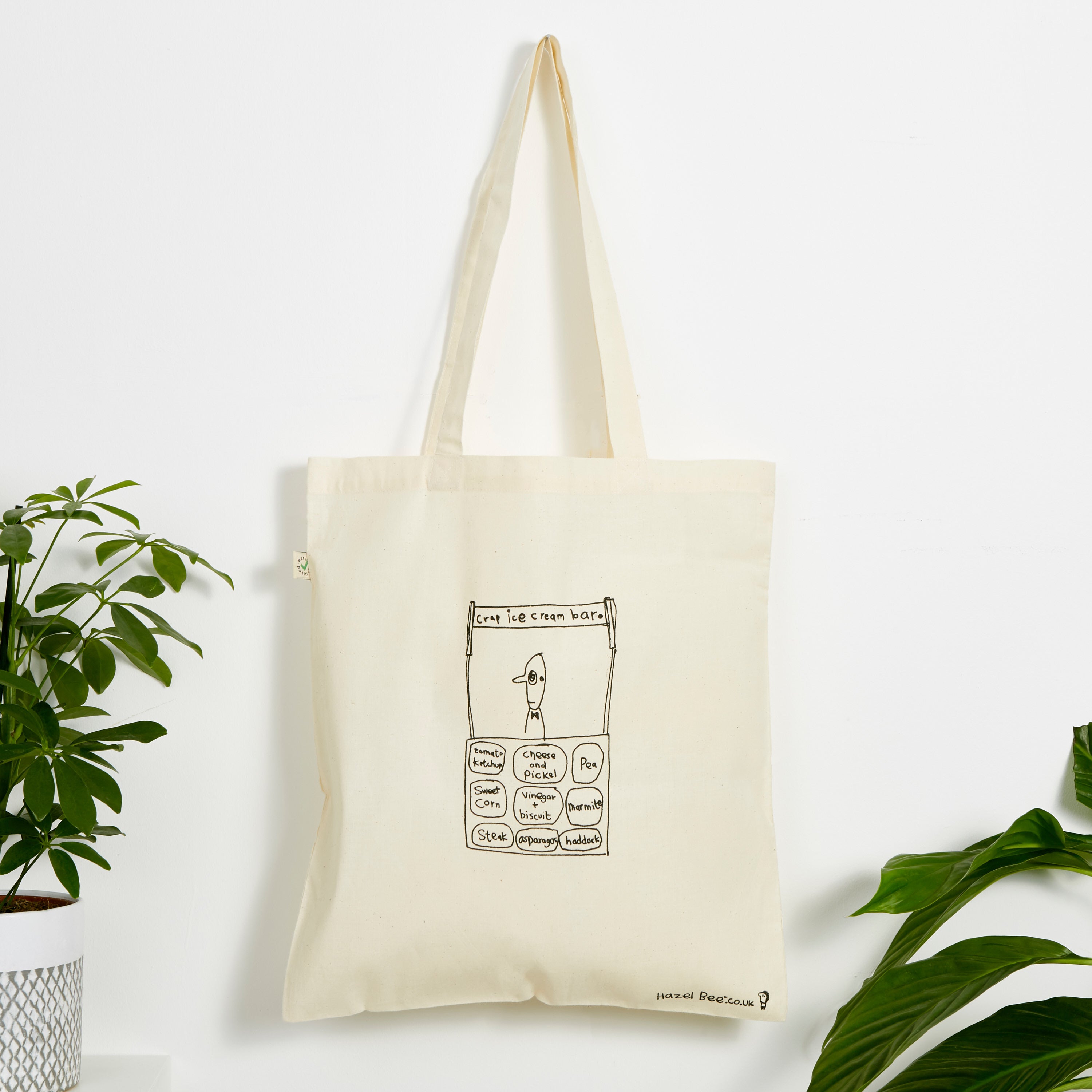Crap Ice-cream Bar Bag made from organic cotton, featuring a hand-printed design in black ink on both sides, perfect for carrying various items.