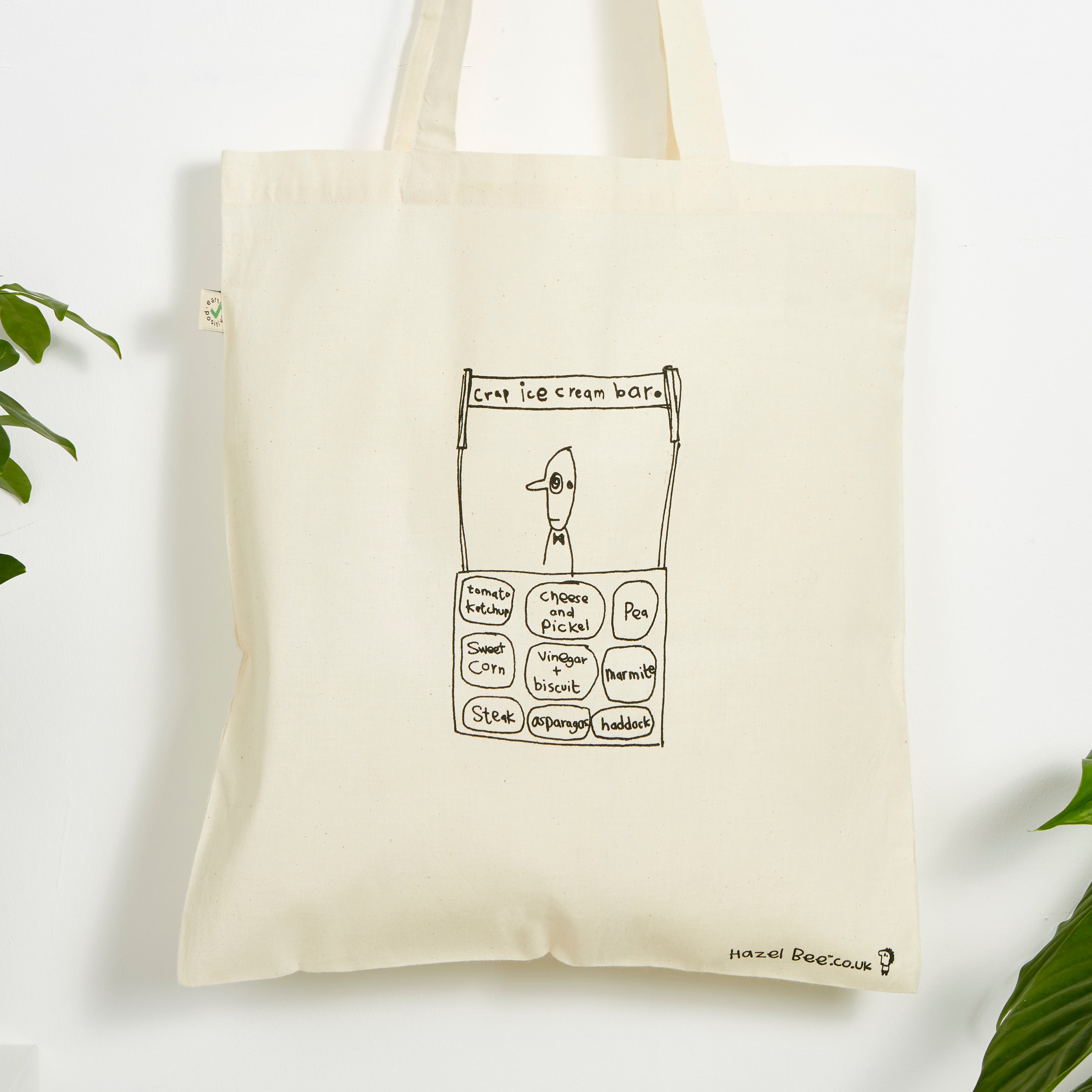 Crap Ice-cream Bar Bag made from organic cotton, featuring a hand-printed design in black ink on both sides, perfect for carrying various items.