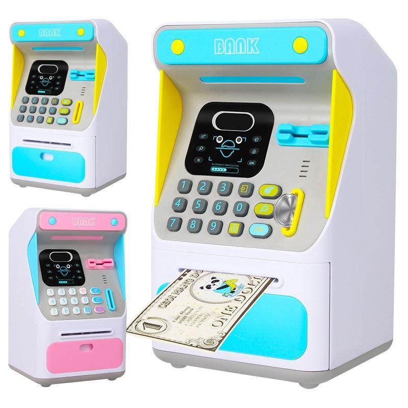 Electronic ATM Toy Piggy Bank in pink and sky-blue colors, featuring face recognition and interactive sound effects for children.