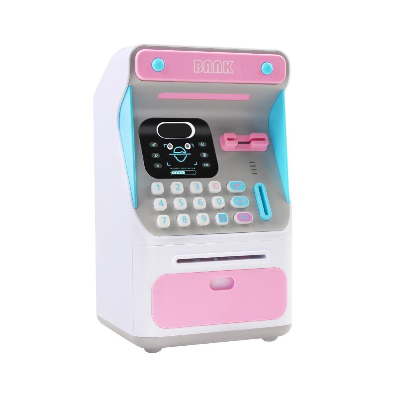 Electronic ATM Toy Piggy Bank in pink and sky-blue colors, featuring face recognition and interactive sound effects for children.