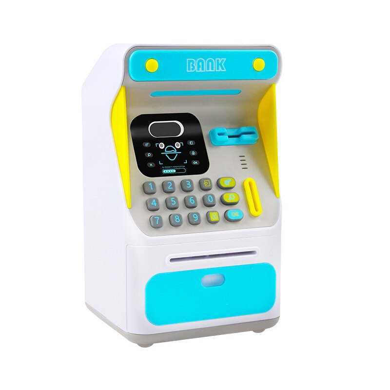 Electronic ATM Toy Piggy Bank in pink and sky-blue colors, featuring face recognition and interactive sound effects for children.