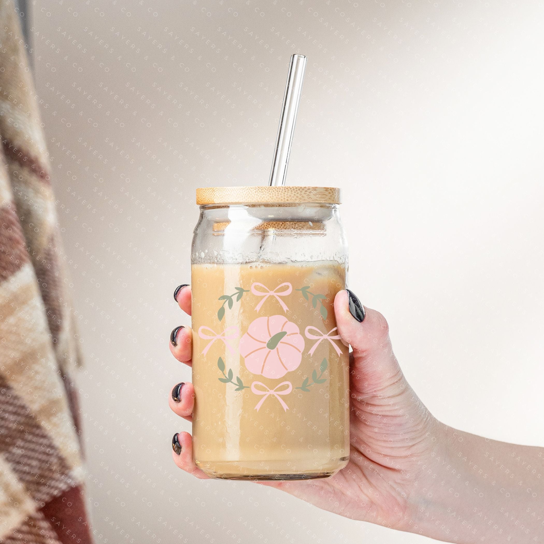 16oz Fall Design Glass Cup with Bamboo Lid and Straw, showcasing autumn-themed design, perfect for seasonal beverages.
