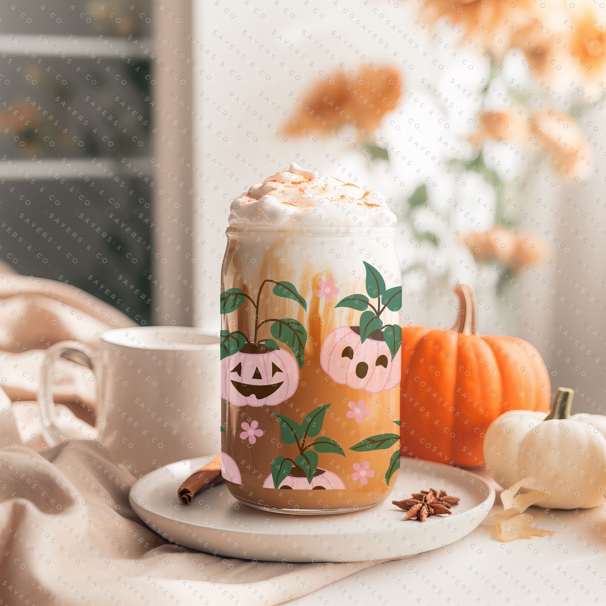 16oz Pumpkin Planters Glass Cup with bamboo lid and straw, featuring a seasonal pumpkin design, perfect for fall beverages.