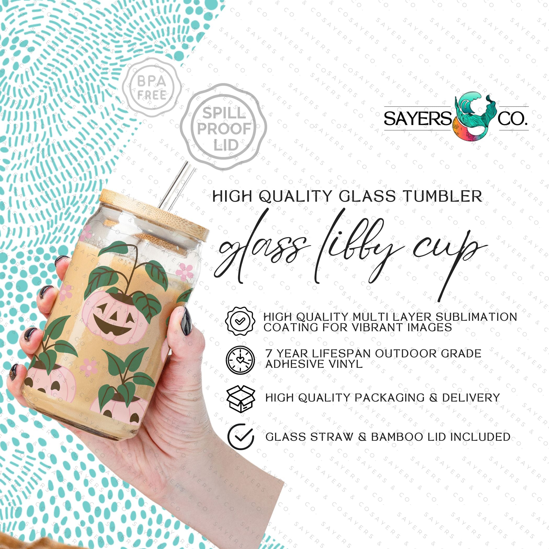 16oz Pumpkin Planters Glass Cup with bamboo lid and straw, featuring a seasonal pumpkin design, perfect for fall beverages.