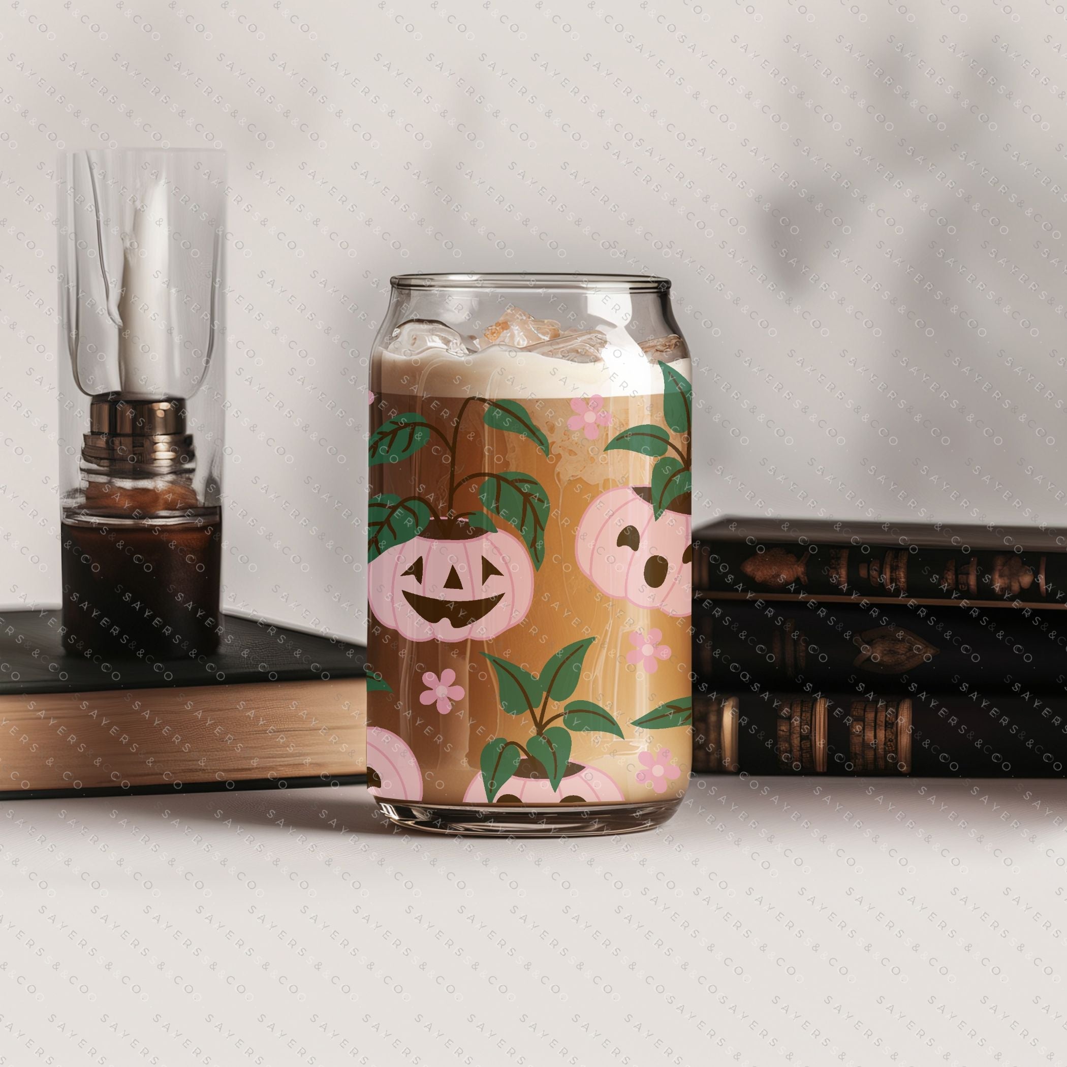 16oz Pumpkin Planters Glass Cup with bamboo lid and straw, featuring a seasonal pumpkin design, perfect for fall beverages.