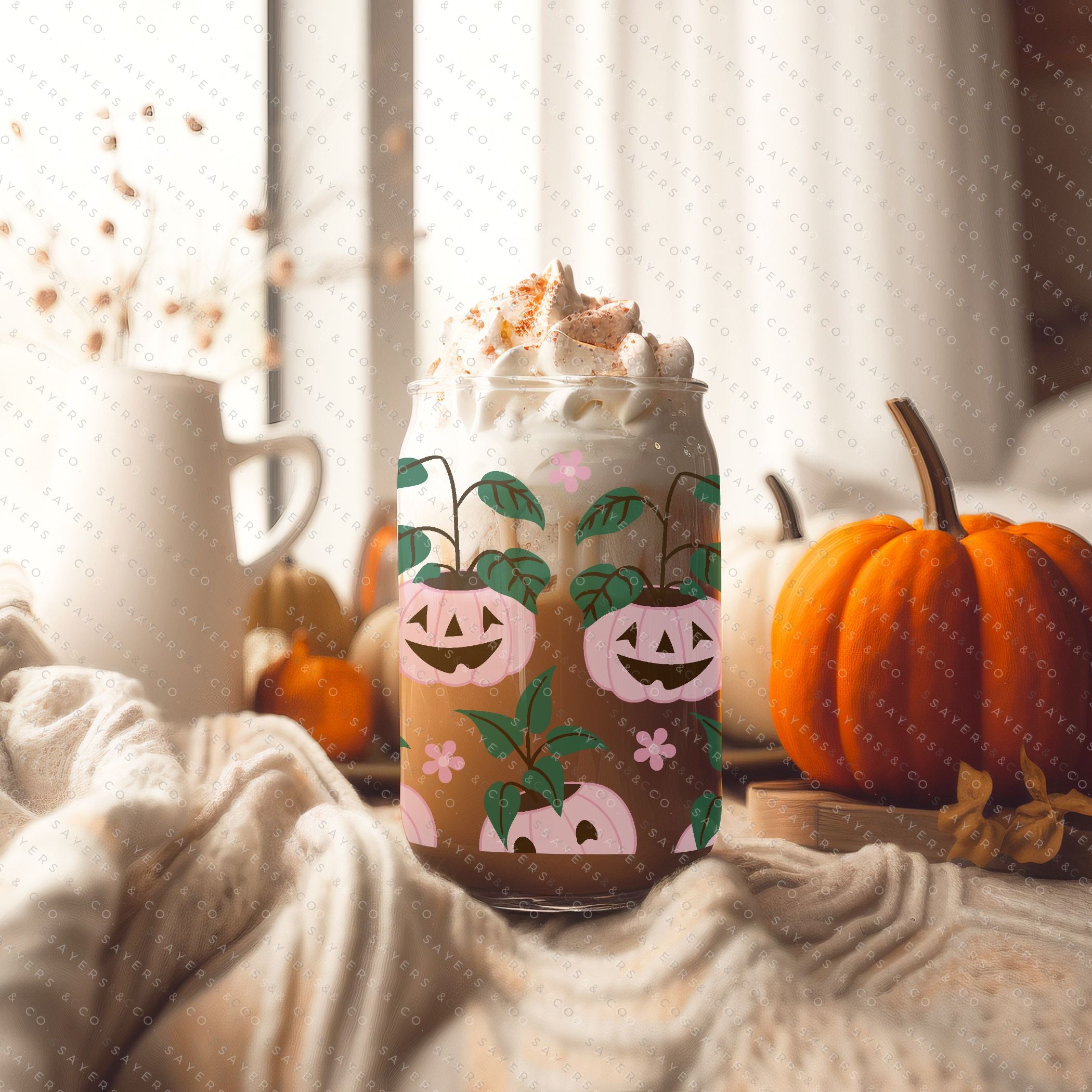 16oz Pumpkin Planters Glass Cup with bamboo lid and straw, featuring a seasonal pumpkin design, perfect for fall beverages.