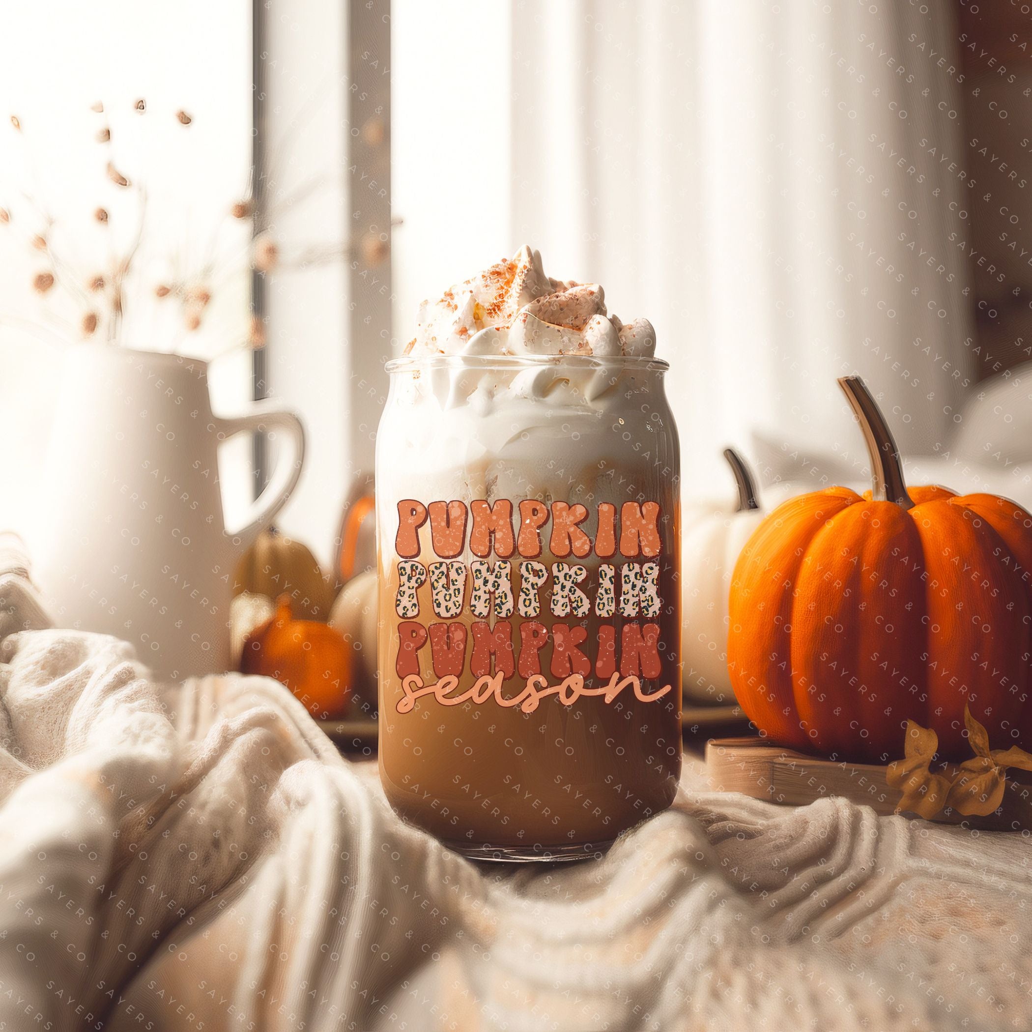 16oz Pumpkin Season Glass Cup featuring a bamboo lid and straw, perfect for fall beverages.