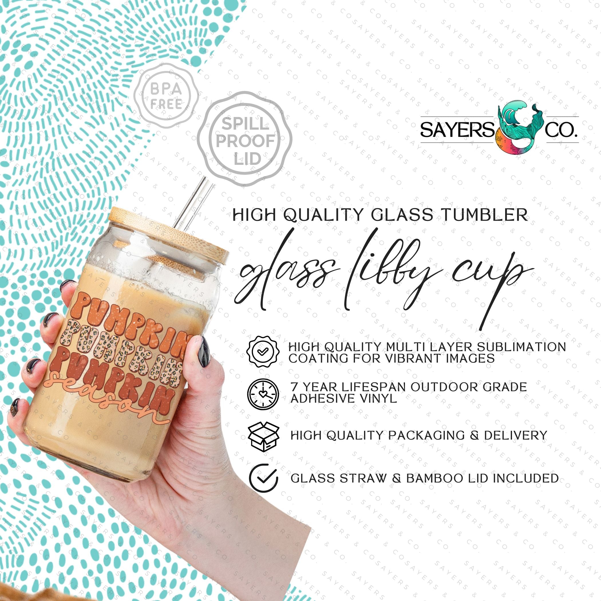 16oz Pumpkin Season Glass Cup featuring a bamboo lid and straw, perfect for fall beverages.