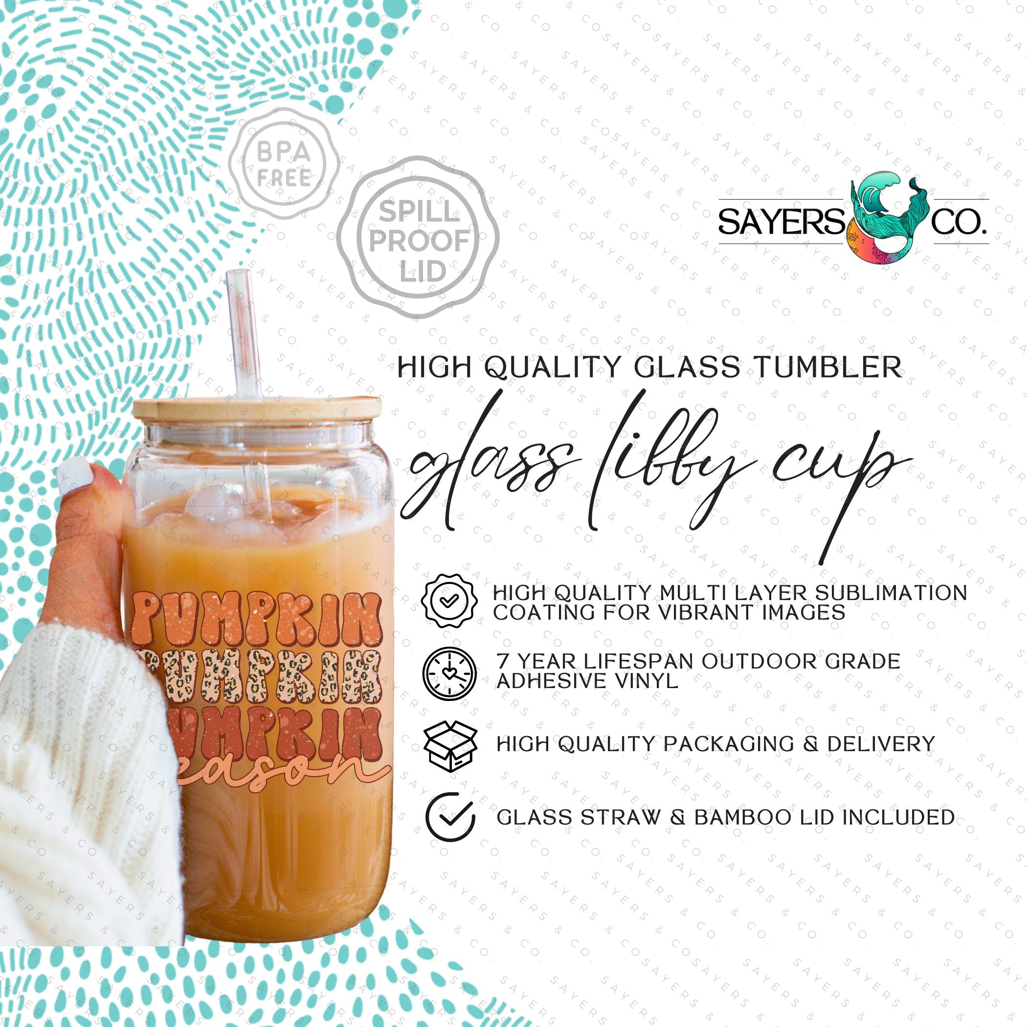 16oz Pumpkin Season Glass Cup featuring a bamboo lid and straw, perfect for fall beverages.