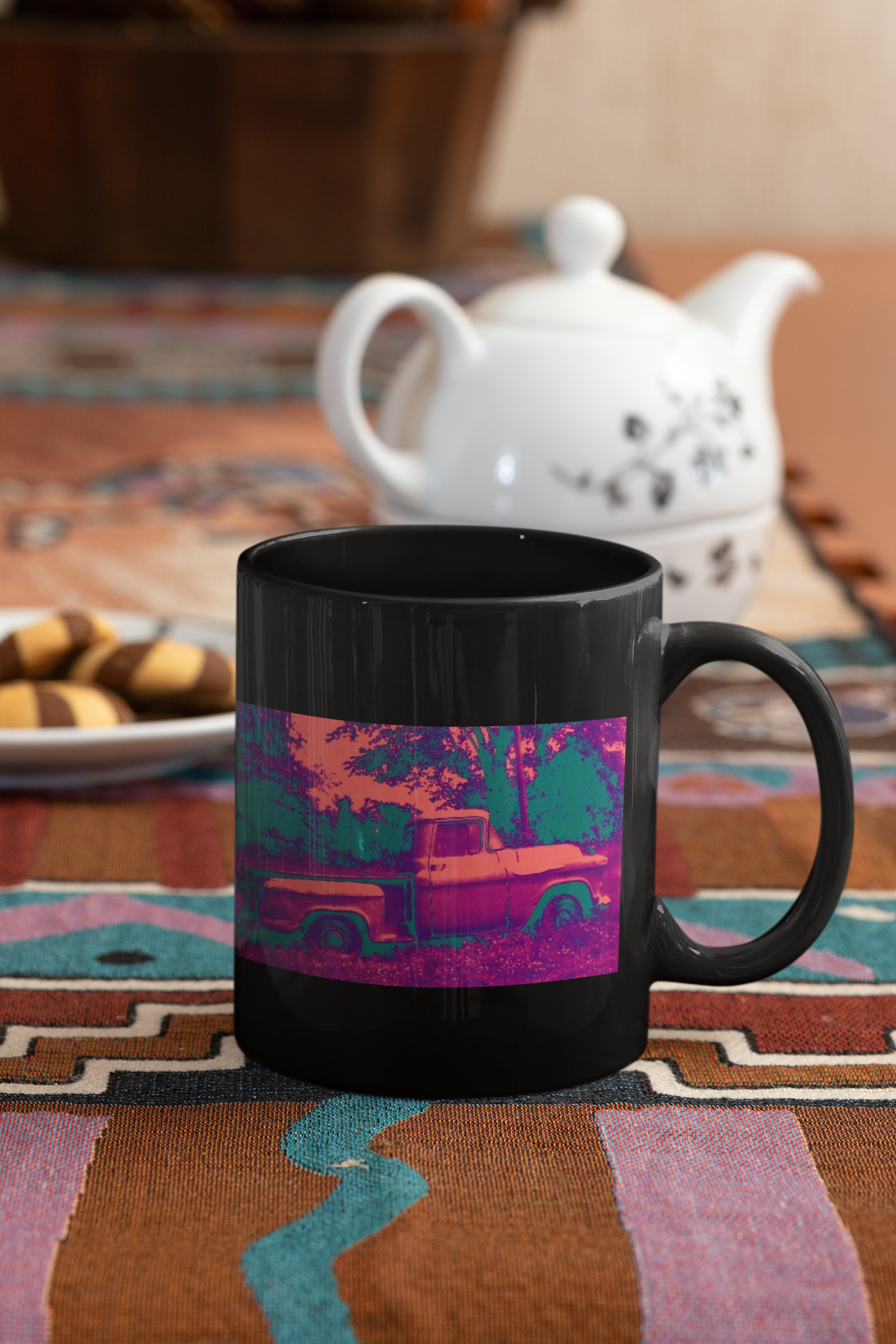 Ceramic coffee mug featuring a pop art design of a 1957 Chevrolet Apache Pickup Truck in red and black colors.