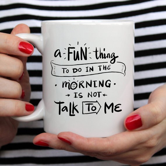 A humorous coffee mug with the phrase 'A Fun Thing To Do In The Morning Is NOT Talk To Me' printed on it, showcasing its unique design.