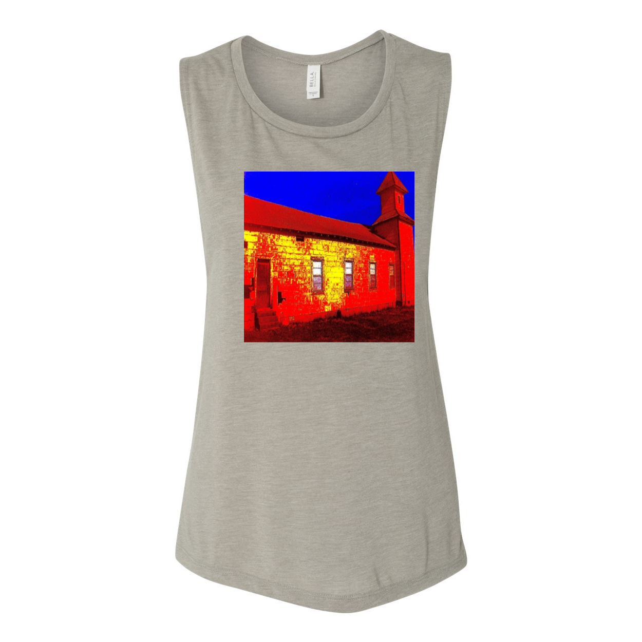 Abandoned Church Women's Flowy Muscle Tank in various colors, showcasing low cut armholes and curved bottom hem.