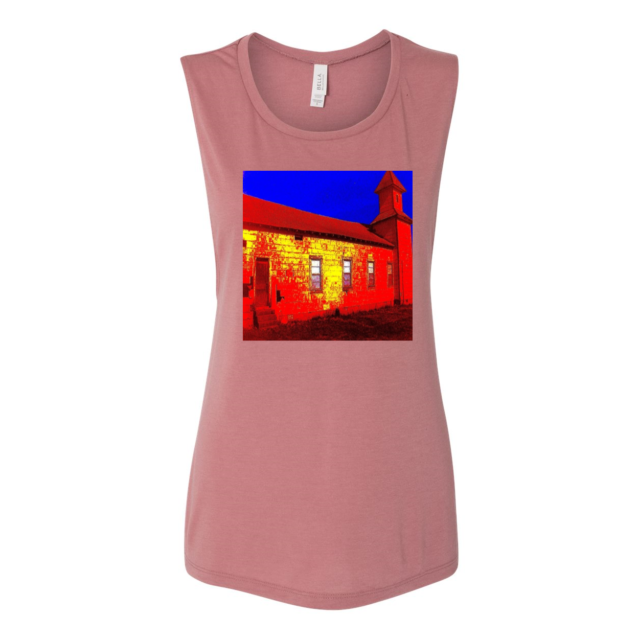 Abandoned Church Women's Flowy Muscle Tank in various colors, showcasing low cut armholes and curved bottom hem.