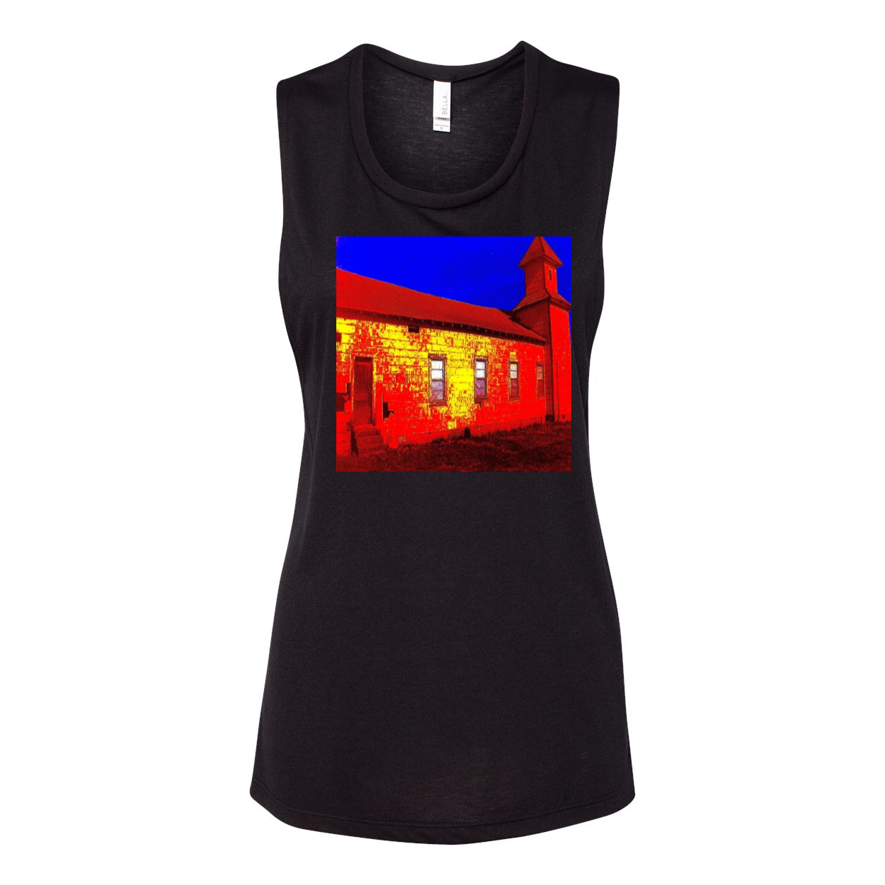 Abandoned Church Women's Flowy Muscle Tank in various colors, showcasing low cut armholes and curved bottom hem.