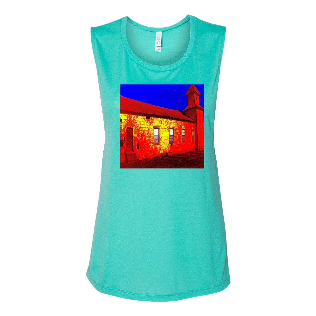 Abandoned Church Women's Flowy Muscle Tank in various colors, showcasing low cut armholes and curved bottom hem.