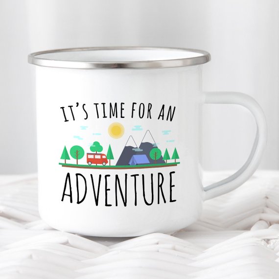 Adventure Mug enamel camping mug with stainless steel rim, featuring a vibrant design on both sides, perfect for outdoor enthusiasts.