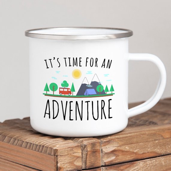 Adventure Mug enamel camping mug with stainless steel rim, featuring a vibrant design on both sides, perfect for outdoor enthusiasts.