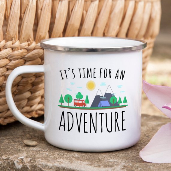 Adventure Mug enamel camping mug with stainless steel rim, featuring a vibrant design on both sides, perfect for outdoor enthusiasts.