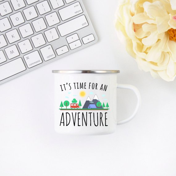 Adventure Mug enamel camping mug with stainless steel rim, featuring a vibrant design on both sides, perfect for outdoor enthusiasts.