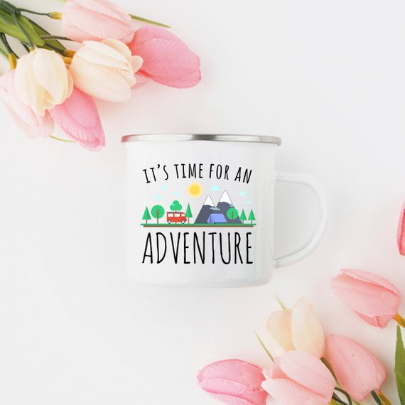 Adventure Mug enamel camping mug with stainless steel rim, featuring a vibrant design on both sides, perfect for outdoor enthusiasts.