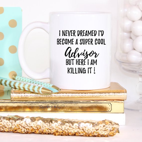 A white ceramic mug designed for advisors, featuring a vibrant thank you design printed on both sides, perfect for gifting.