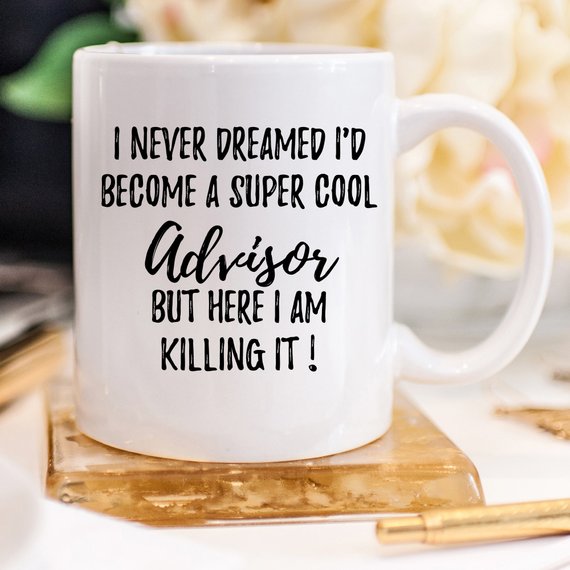 A white ceramic mug designed for advisors, featuring a vibrant thank you design printed on both sides, perfect for gifting.