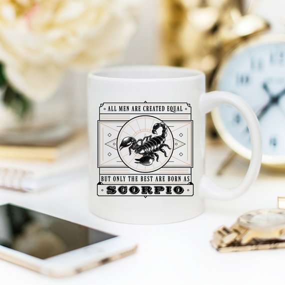 Funny coffee mug featuring Scorpio zodiac design with humorous text.