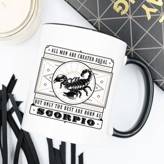 Funny coffee mug featuring Scorpio zodiac design with humorous text.