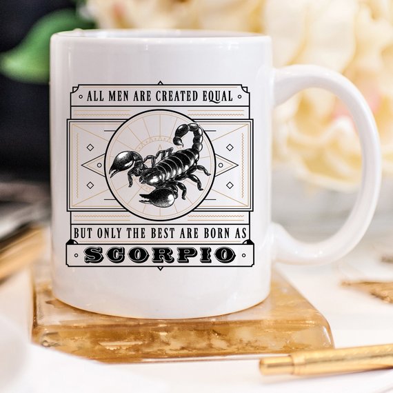 Funny coffee mug featuring Scorpio zodiac design with humorous text.