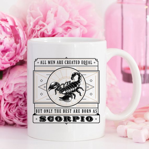 Funny coffee mug featuring Scorpio zodiac design with humorous text.