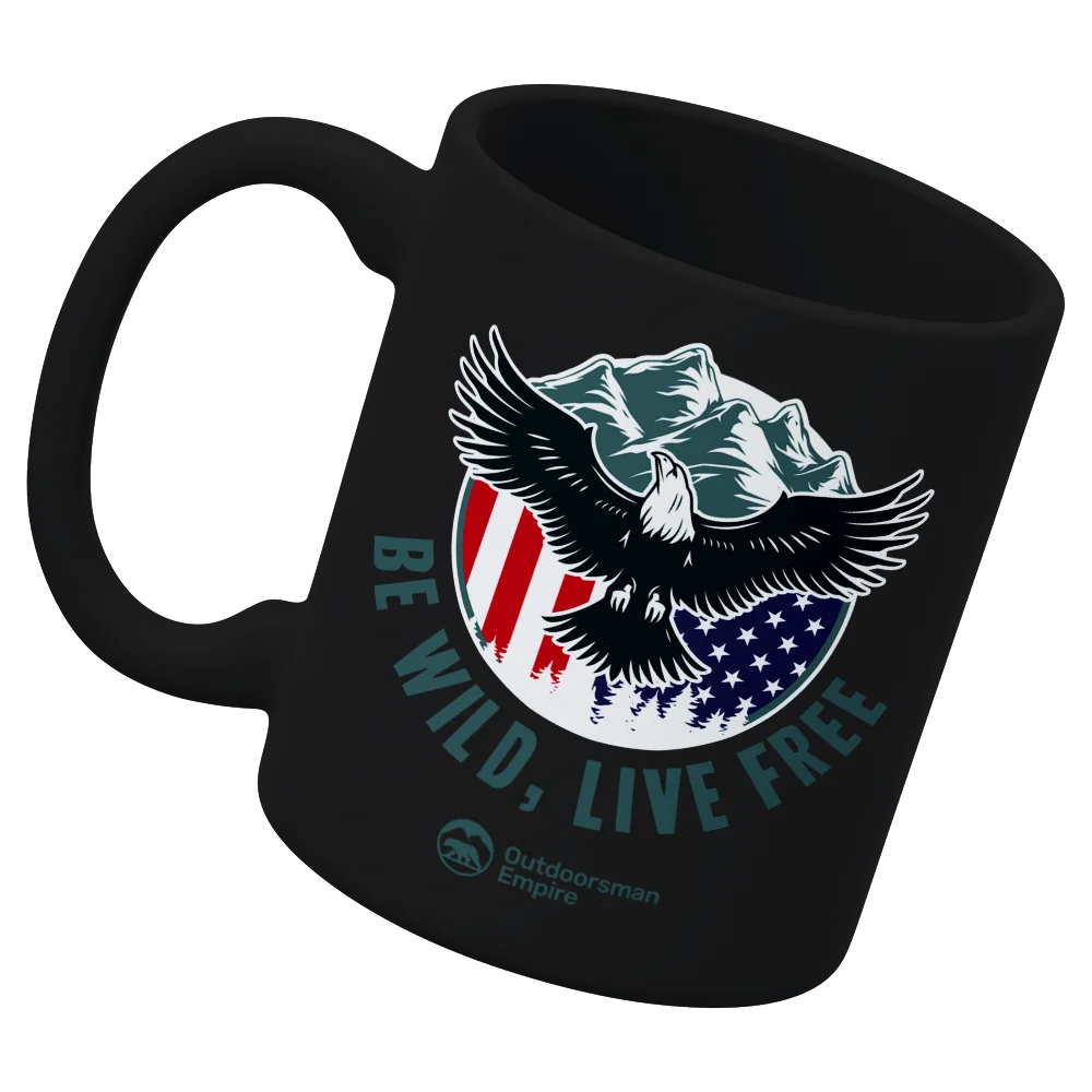 Be Wild Be Free American Eagle 11oz Mug with vibrant UV printed design, showcasing an eagle and outdoor theme.