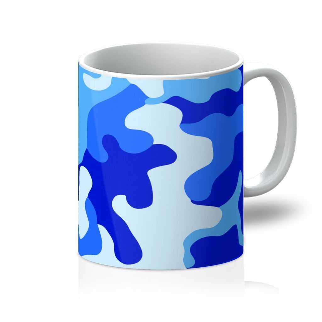 Blue Camo 1 Mug featuring a stylish camouflage design with a sturdy handle and glossy finish.