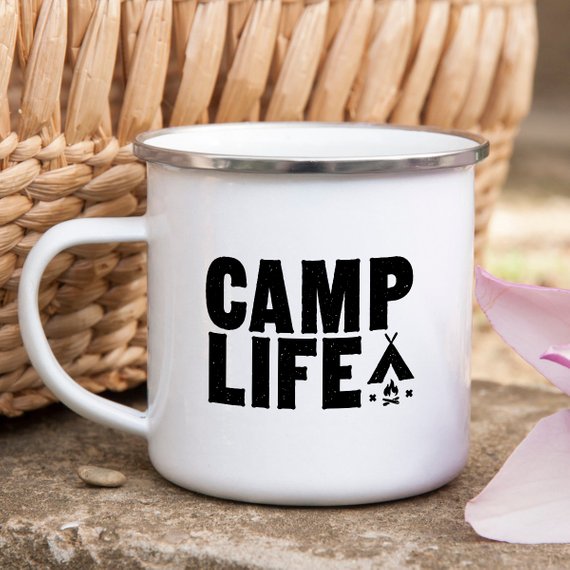A white enamel camping mug with a stainless steel rim, featuring a vibrant design printed on both sides, perfect for outdoor adventures.