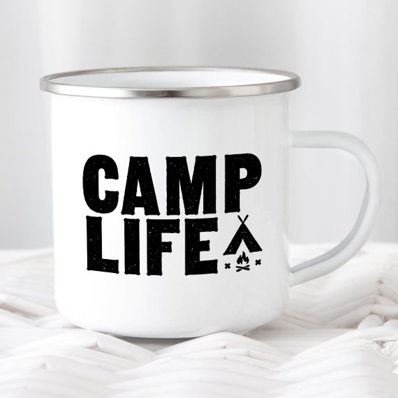 A white enamel camping mug with a stainless steel rim, featuring a vibrant design printed on both sides, perfect for outdoor adventures.