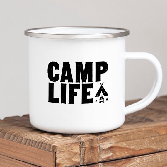 A white enamel camping mug with a stainless steel rim, featuring a vibrant design printed on both sides, perfect for outdoor adventures.