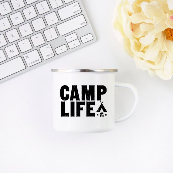 A white enamel camping mug with a stainless steel rim, featuring a vibrant design printed on both sides, perfect for outdoor adventures.