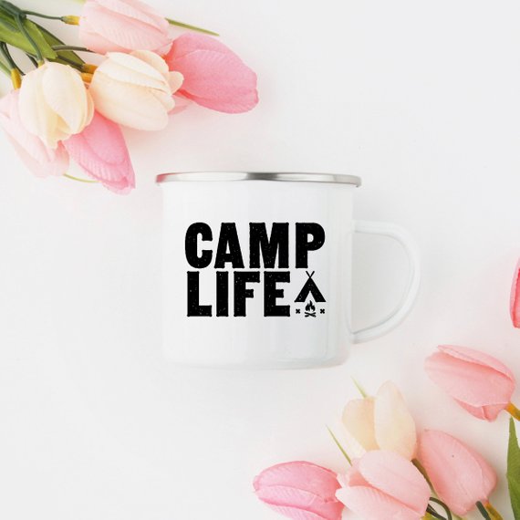 A white enamel camping mug with a stainless steel rim, featuring a vibrant design printed on both sides, perfect for outdoor adventures.