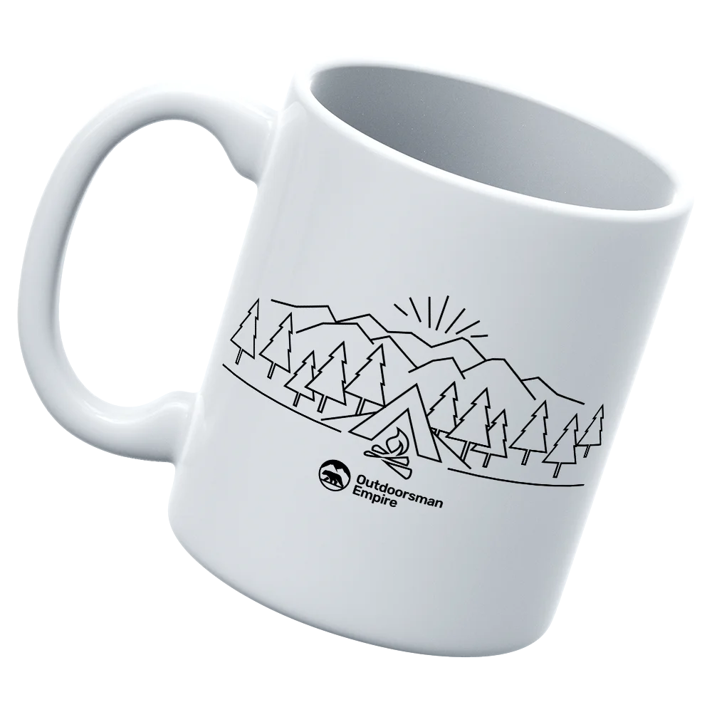 Camping Triangles 11oz Mug featuring vibrant UV printed design, sturdy ceramic construction, and a glazed finish for easy cleaning.