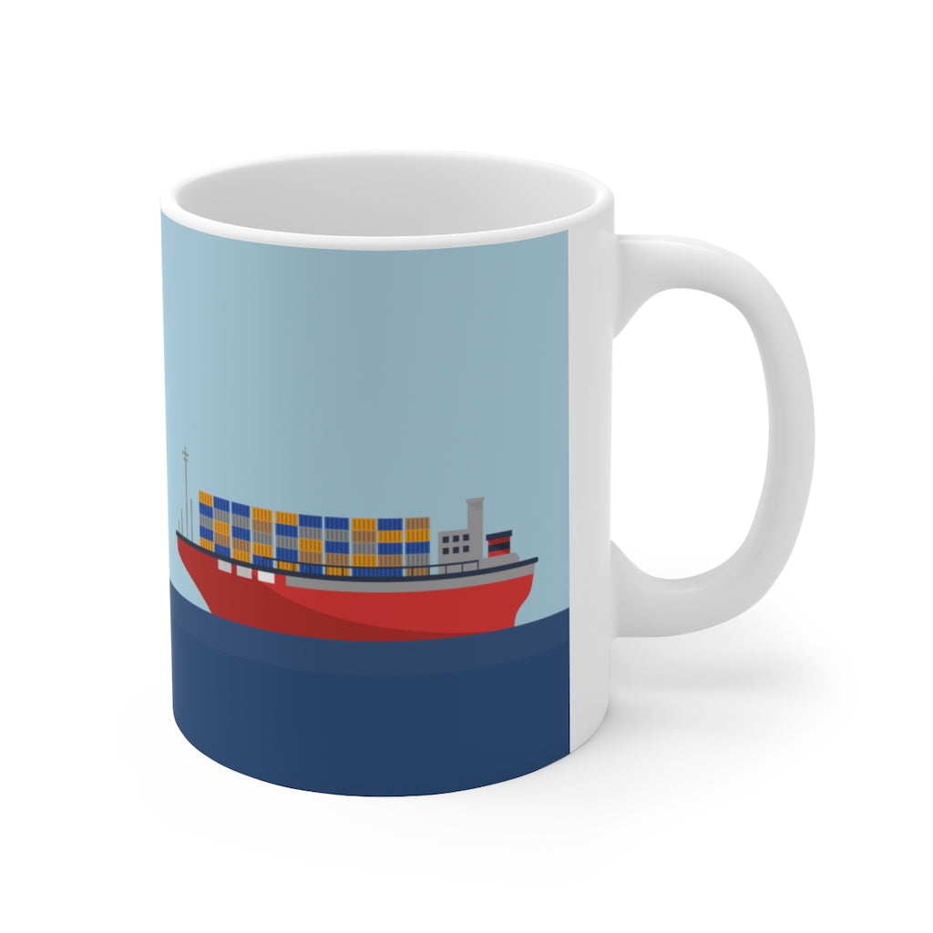 Cargo Ship Ceramic Mug 11oz in white ceramic with a C-handle, perfect for coffee and tea lovers.