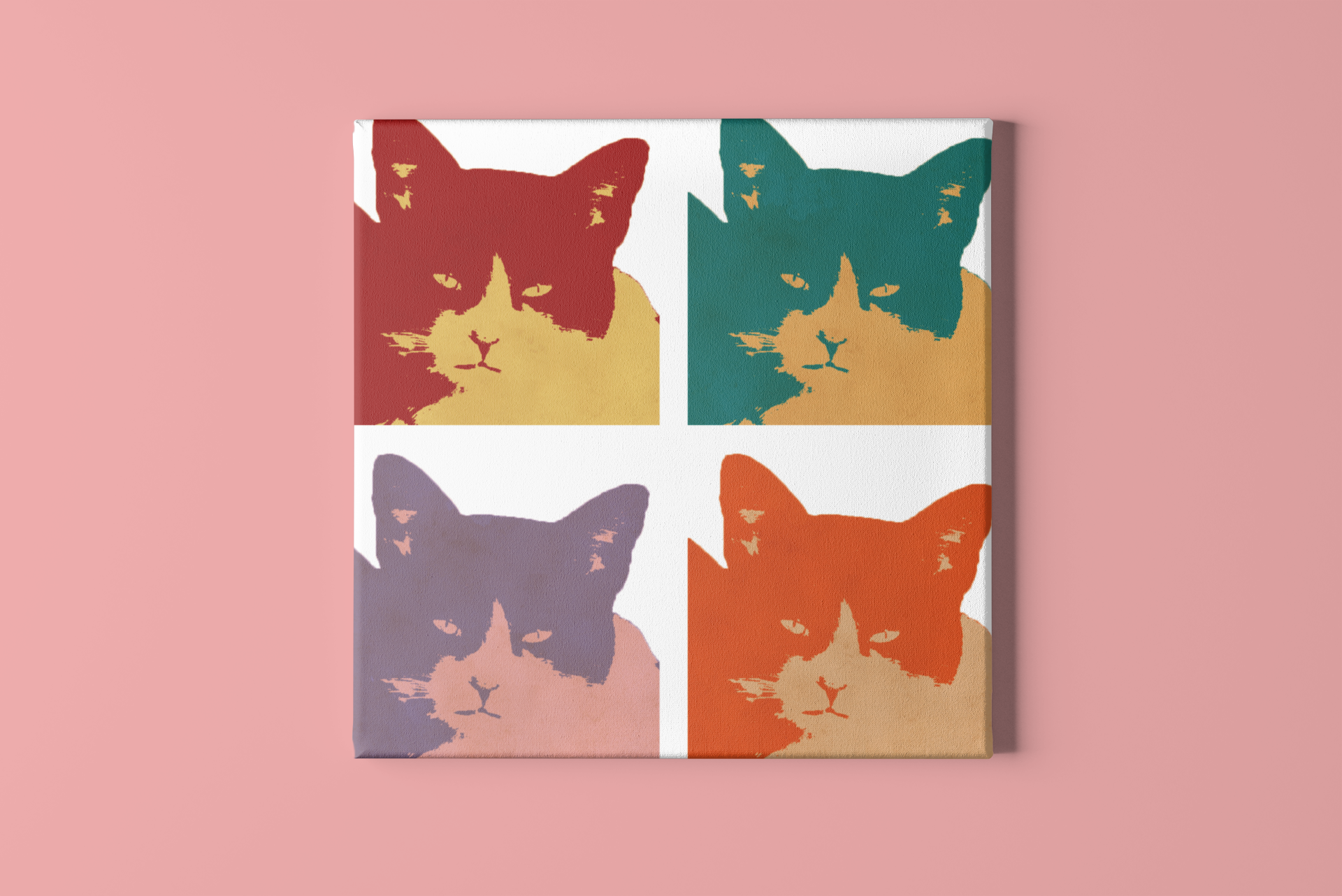 Cats Today 4-Panel Pop Art Canvas Print featuring colorful cat designs on a modern canvas.
